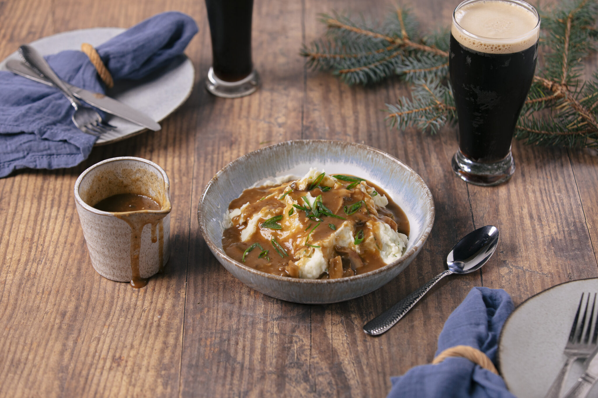 Guinness Mushroom Gravy with Green Onion and Sour Cream Mashed Potatoes